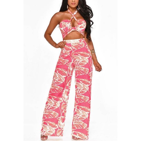 Floral Print Halter Neck Cutout Wide Leg Jumpsuit - Picture 3 of 6